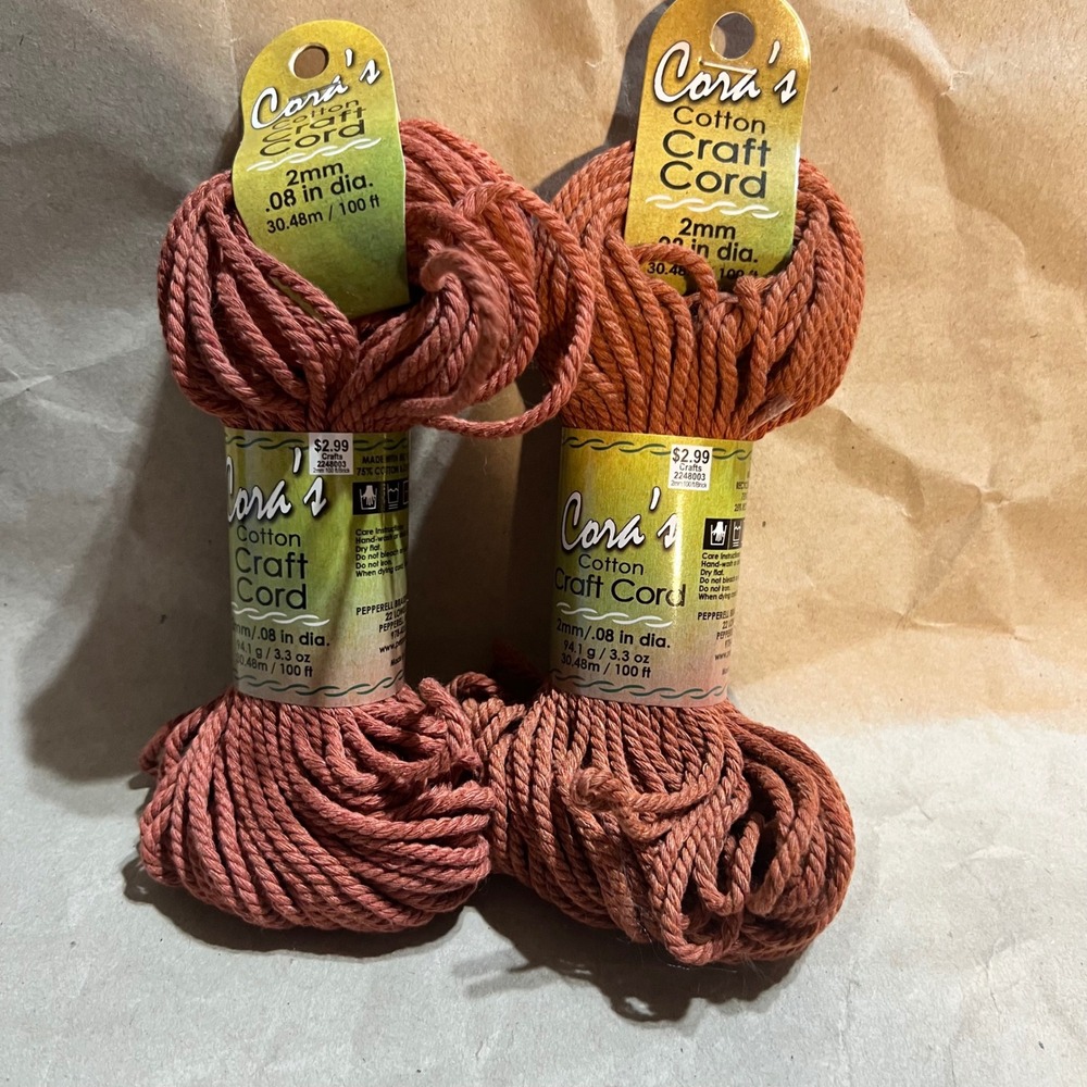 Cora's 2mm Cotton Craft Cord Brick Red‎ 100ft 2 Skeins CCC214 HL BRICK